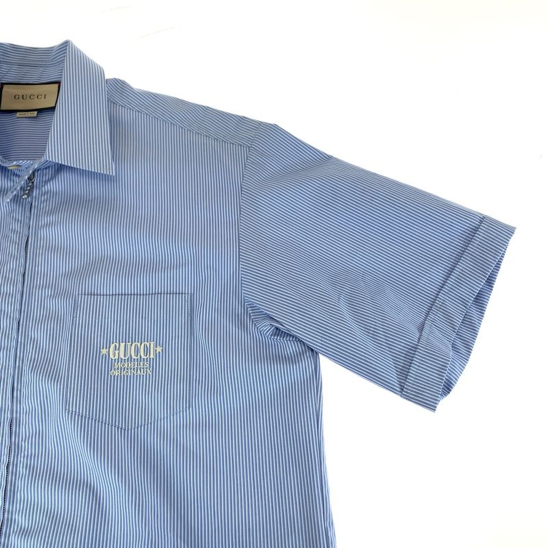 Gucci Embroidery Logo 48 Blue White Cotton Zanhm Short Sleeve Shirt
