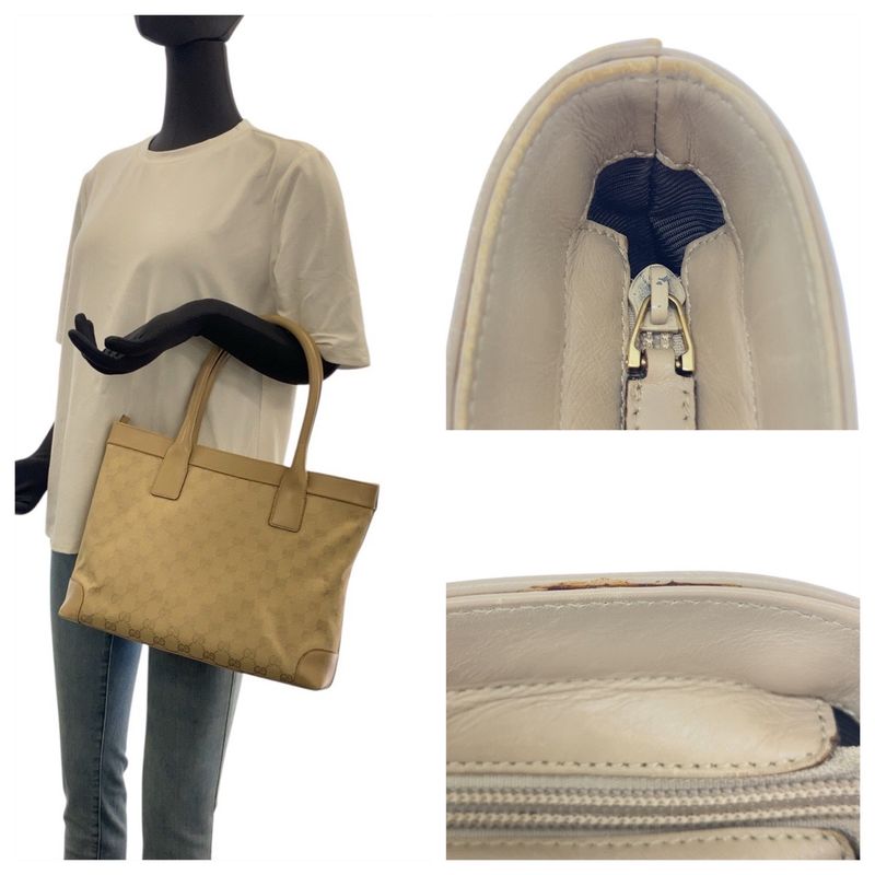 Gucci Beige Gold GG Canvas Leather Tote Shoulder Bag