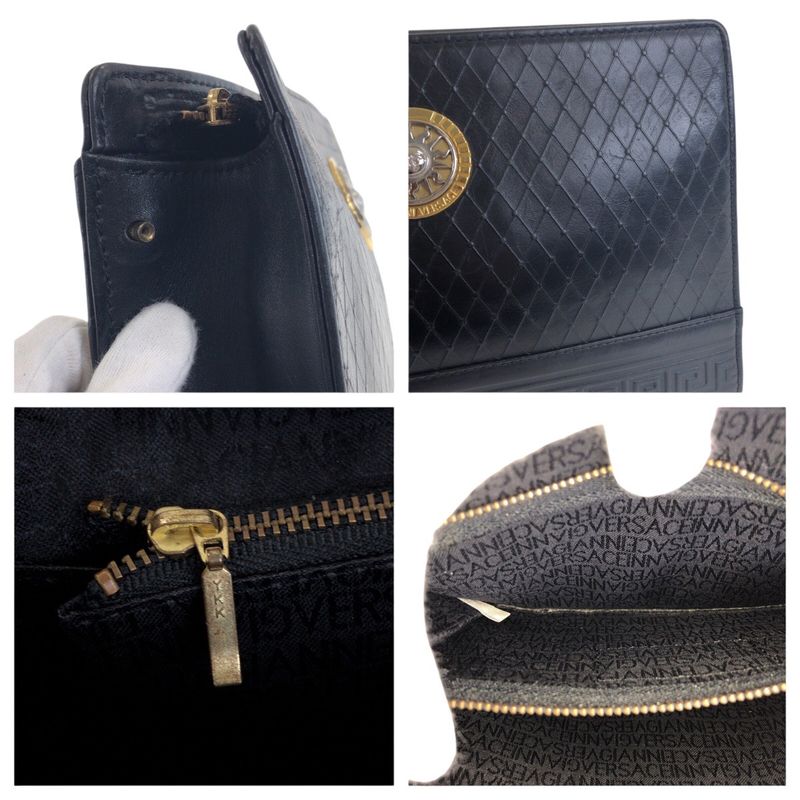 Versace Sunburst Black Gold Silver Leather Clutch