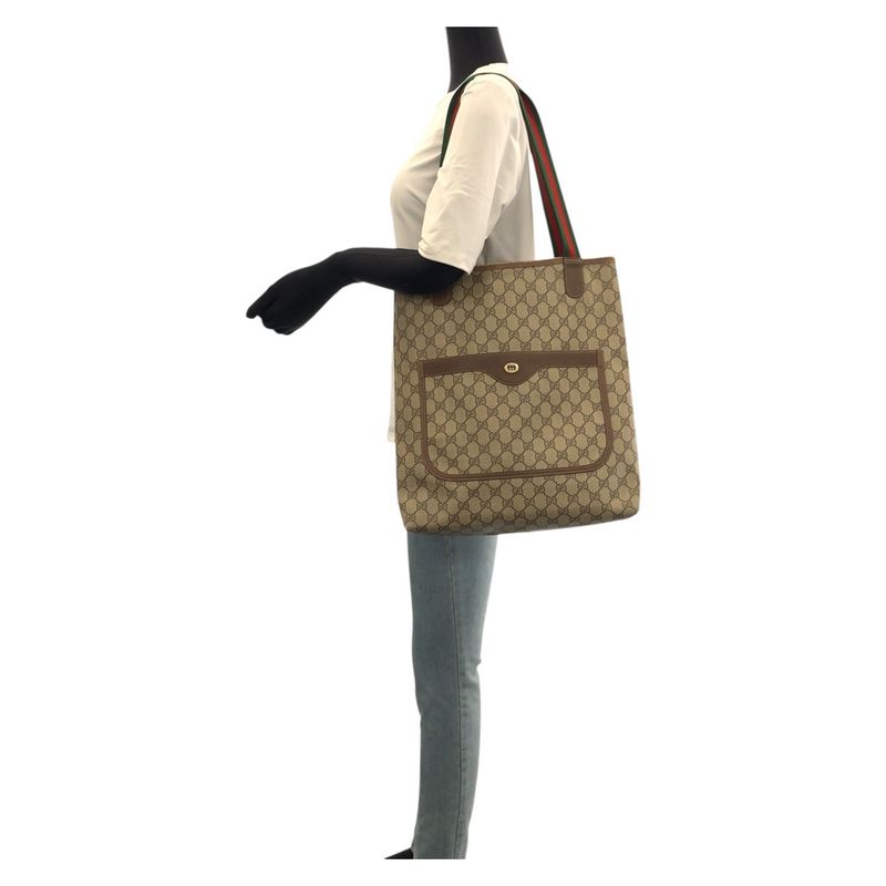 Gucci Vintage Sherry Line Beige Brown GG Supreme Canvas Leather 123 02 003 Tote