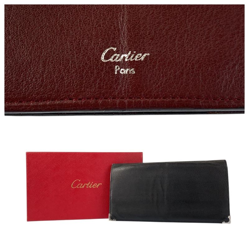 Cartier Must Line Black Gold Silver Leather Wallet