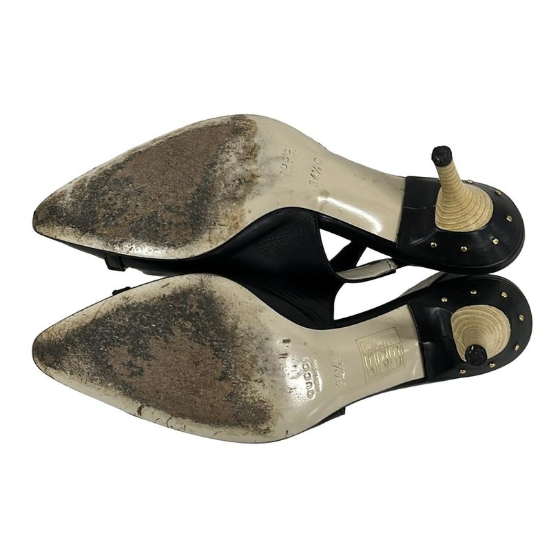 Gucci Sandals 34.5 C Black Light Gray Interlocking Studs Leather