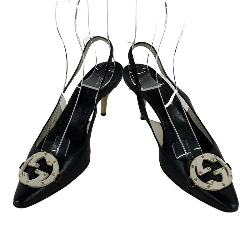 Gucci Sandals 34.5 C Black Light Gray Interlocking Studs Leather