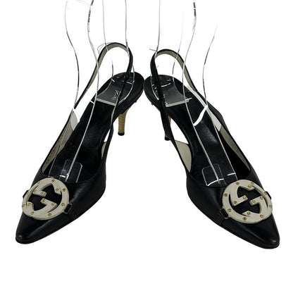 Gucci Sandals 34.5 C Black Light Gray Interlocking Studs Leather