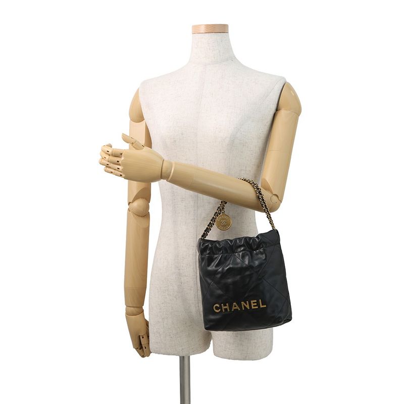 Chanel Handbag 22 Mini CC Logo Shiny Calf Leather 2-Way Black