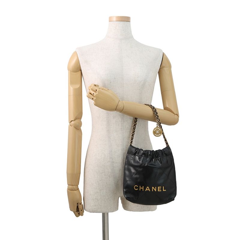 Chanel Handbag 22 Mini CC Logo Shiny Calf Leather 2-Way Black