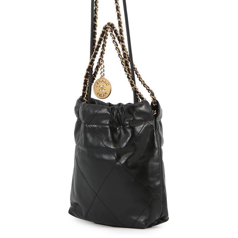 Chanel Handbag 22 Mini CC Logo Shiny Calf Leather 2-Way Black