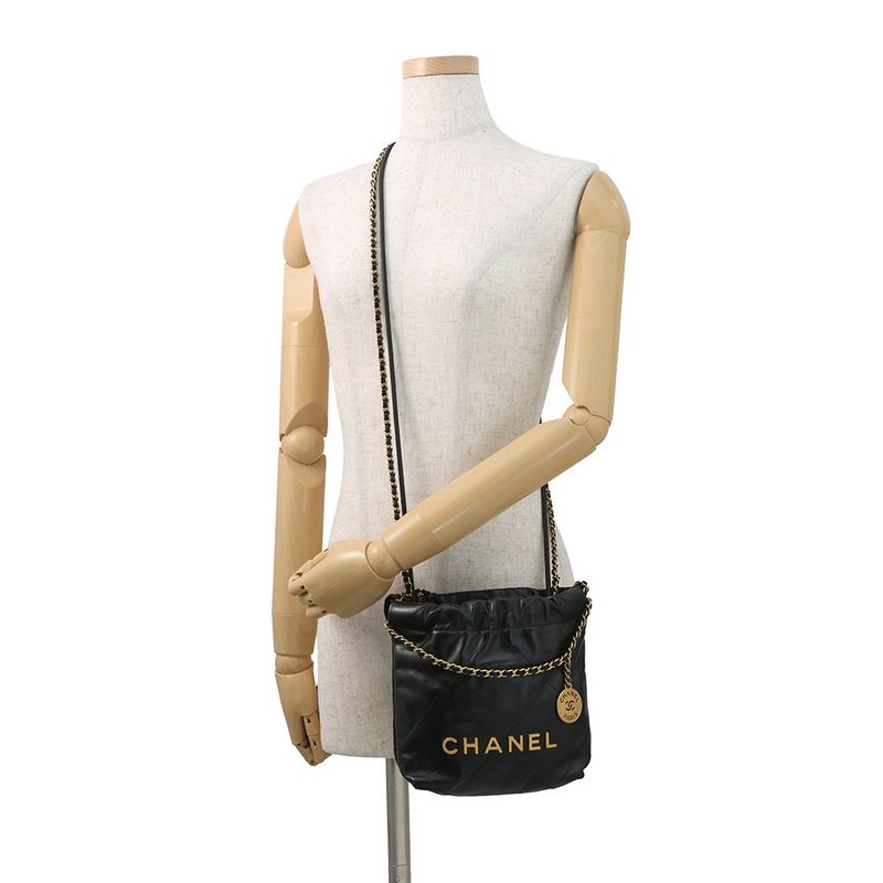 Chanel Handbag 22 Mini CC Logo Shiny Calf Leather 2-Way Black