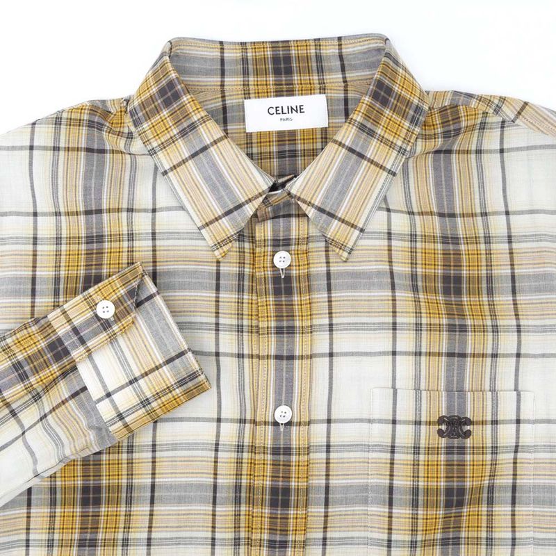 Celine Loose Shirt Lightweight Checked Cotton Sable Beige Brown 37
