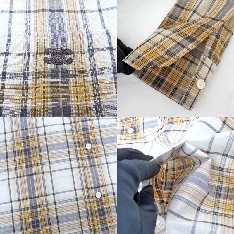 Celine Loose Shirt Lightweight Checked Cotton Sable Beige Brown 37