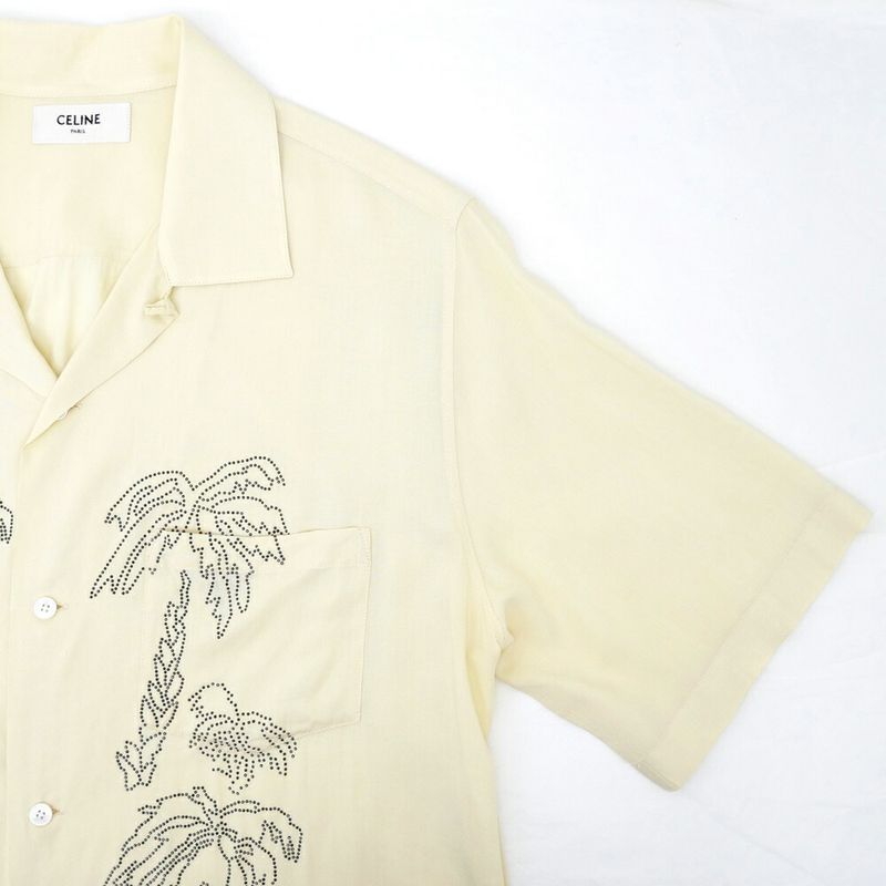Celine Palm Tree Embroidery Bijou Short Sleeve Shirt Beige 38 Top