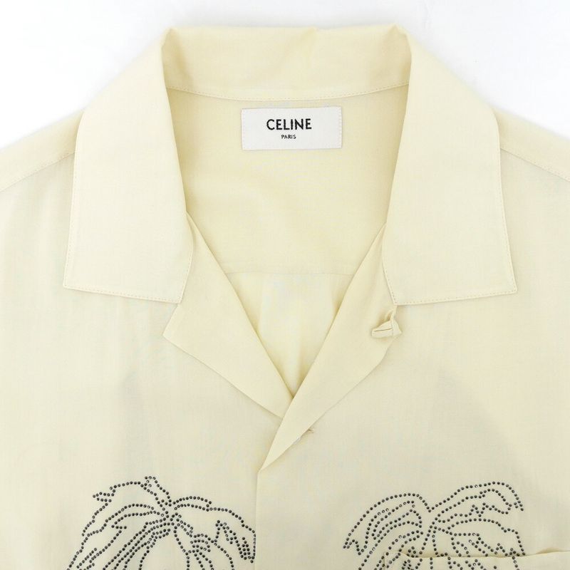 Celine Palm Tree Embroidery Bijou Short Sleeve Shirt Beige 38 Top