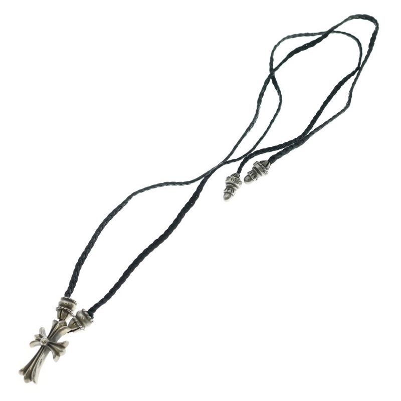Chrome Hearts CH Crs Sml CL Small CH Cross Crimp Leather Braid Necklace Silver
