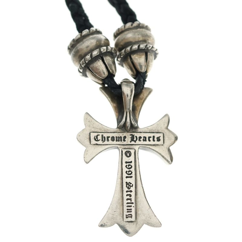Chrome Hearts CH Crs Sml CL Small CH Cross Crimp Leather Braid Necklace Silver