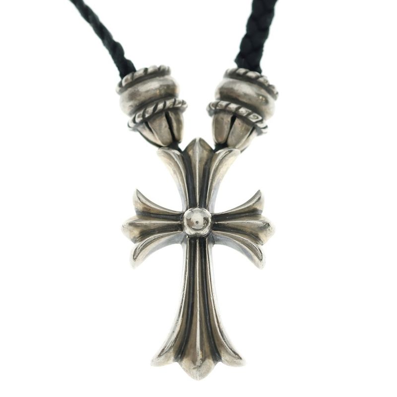 Chrome Hearts CH Crs Sml CL Small CH Cross Crimp Leather Braid Necklace Silver