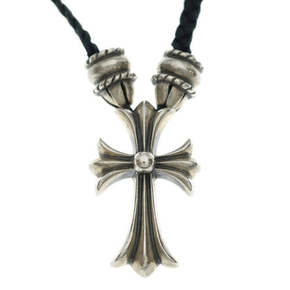 Chrome Hearts CH Crs Sml CL Small CH Cross Crimp Leather Braid Necklace Silver