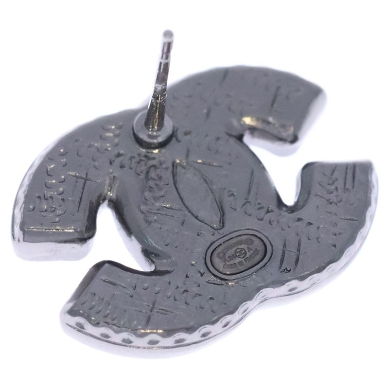 Chanel CC Logo Earrings Black Silver