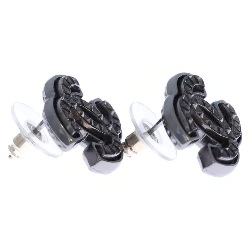 Chanel CC Logo Earrings Black Silver