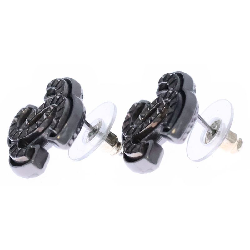 Chanel CC Logo Earrings Black Silver