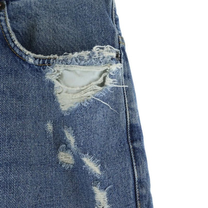 Balenciaga Ripped Distressed Midi Straight Denim Pants Indigo