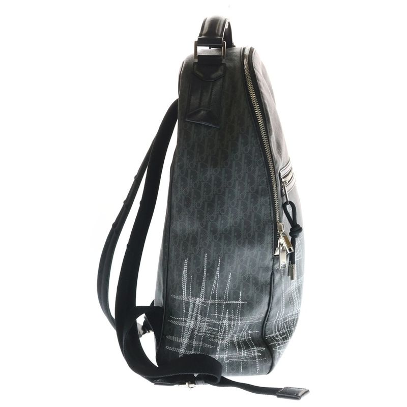 Dior Oblique Cross Stitch Leather Backpack Silver Black 10