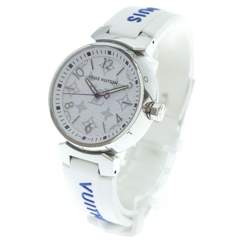 Louis Vuitton Monogram White Tambour MM Dial SS Rubber Quartz Stainless Steel