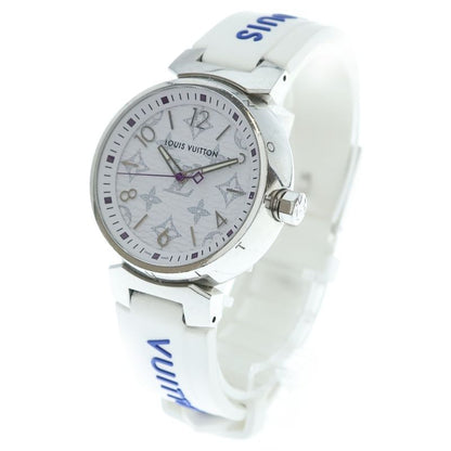 Louis Vuitton Monogram White Tambour MM Dial SS Rubber Quartz Stainless Steel