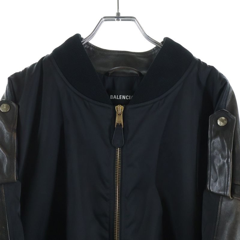 Balenciaga Sleeve Leather Cut Replacement Nylon Bomber Jacket Black