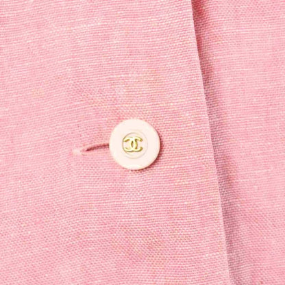 Chanel Vintage Jacket Linen Hemp Open Collar CC Logo Button 42 Pink MW