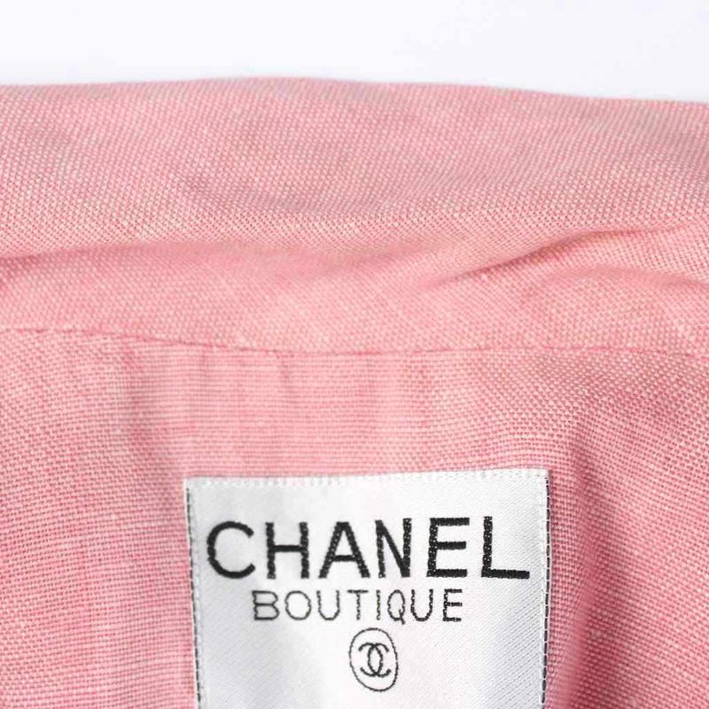 Chanel Vintage Jacket Linen Hemp Open Collar CC Logo Button 42 Pink MW