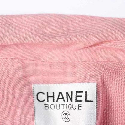 Chanel Vintage Jacket Linen Hemp Open Collar CC Logo Button 42 Pink MW