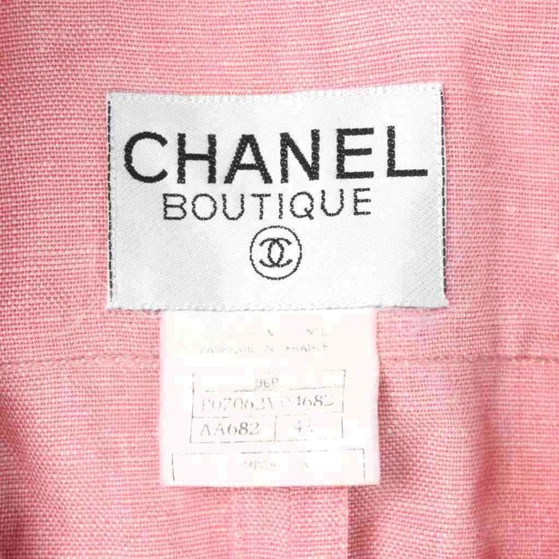 Chanel Vintage Jacket Linen Hemp Open Collar CC Logo Button 42 Pink MW