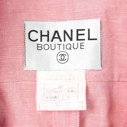 Chanel Vintage Jacket Linen Hemp Open Collar CC Logo Button 42 Pink MW