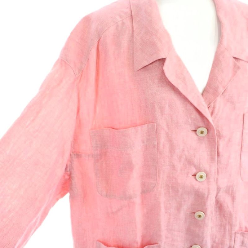 Chanel Vintage Jacket Linen Hemp Open Collar CC Logo Button 42 Pink MW