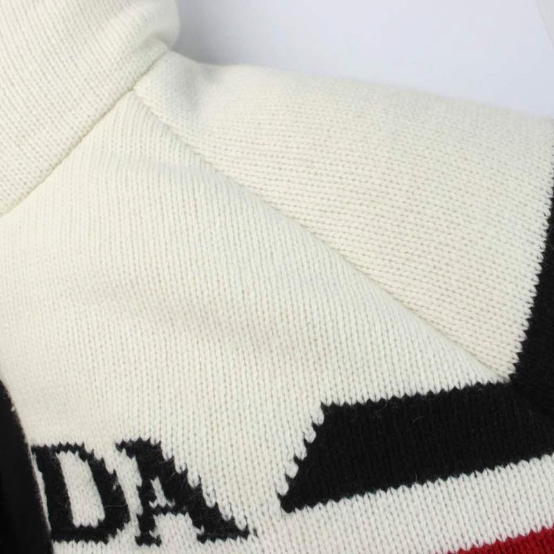 Prada Down Jacket Hooded Wool Cashmere Blend Logo Jacquard Knit L Ivory MW