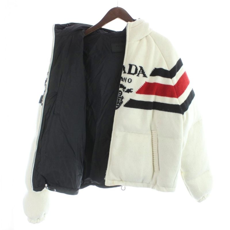 Prada Down Jacket Hooded Wool Cashmere Blend Logo Jacquard Knit L Ivory MW