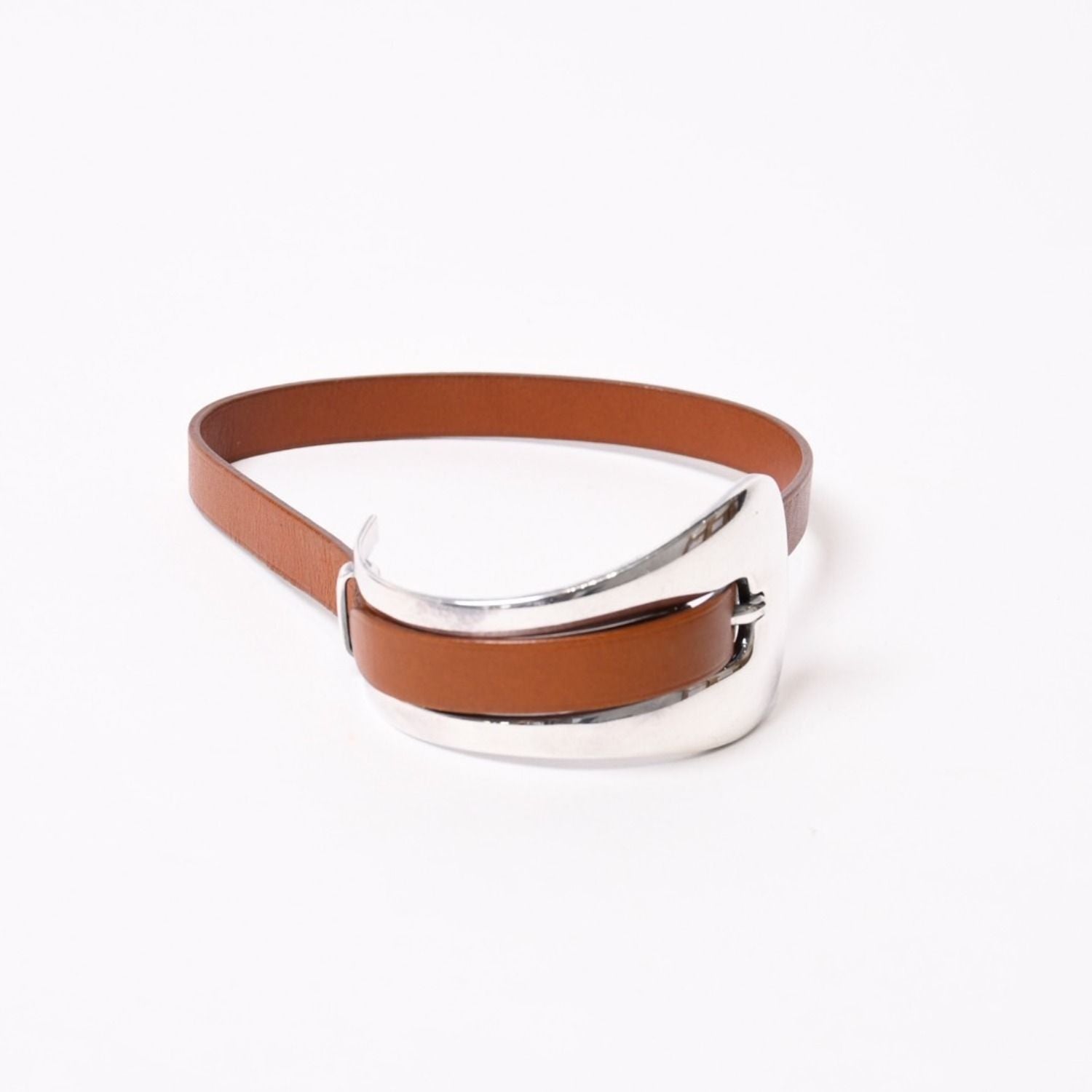 Hermes Belt Motif Leather Bracelet Brown 925 Sterling Silver — view 5