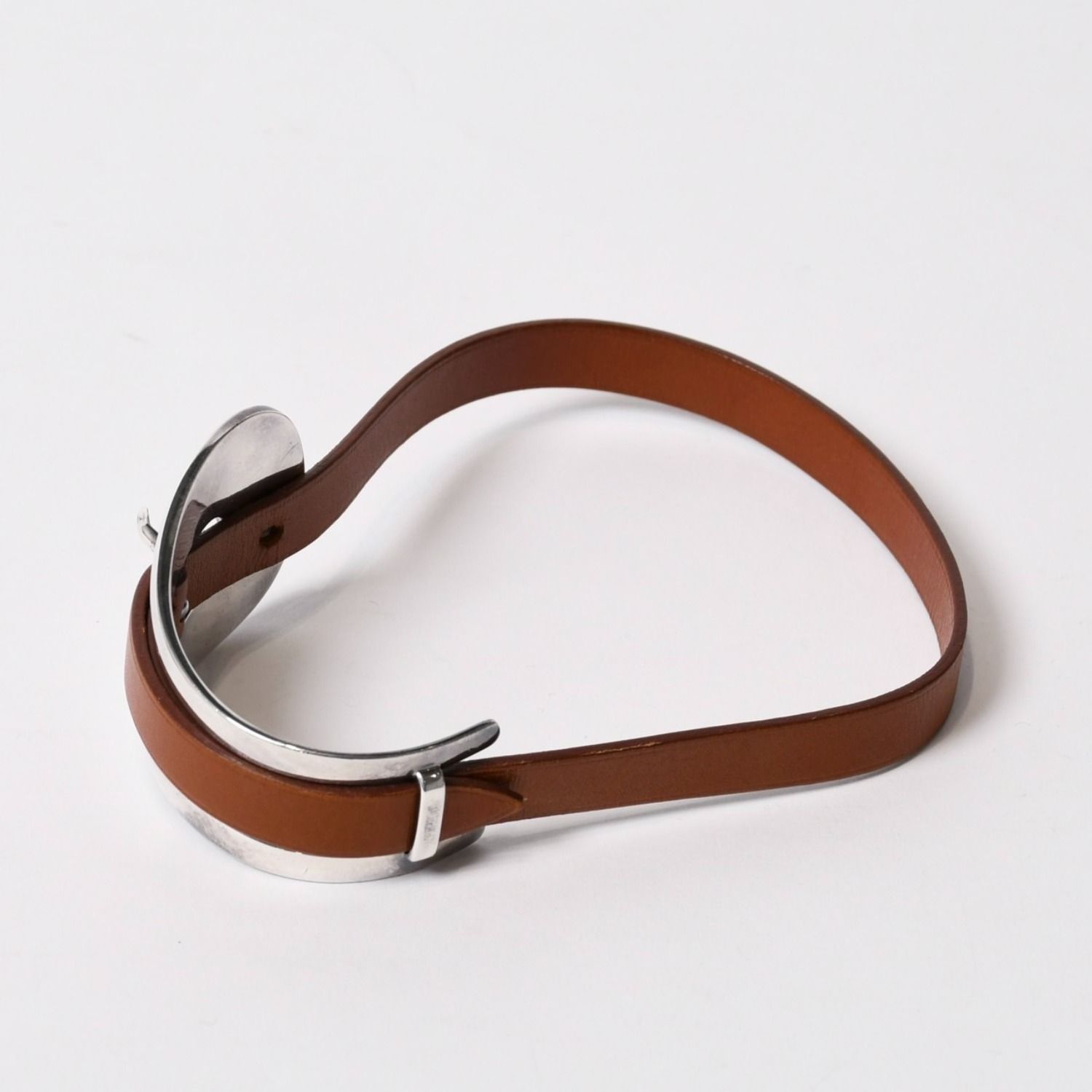 Hermes Belt Motif Leather Bracelet Brown 925 Sterling Silver — view 3