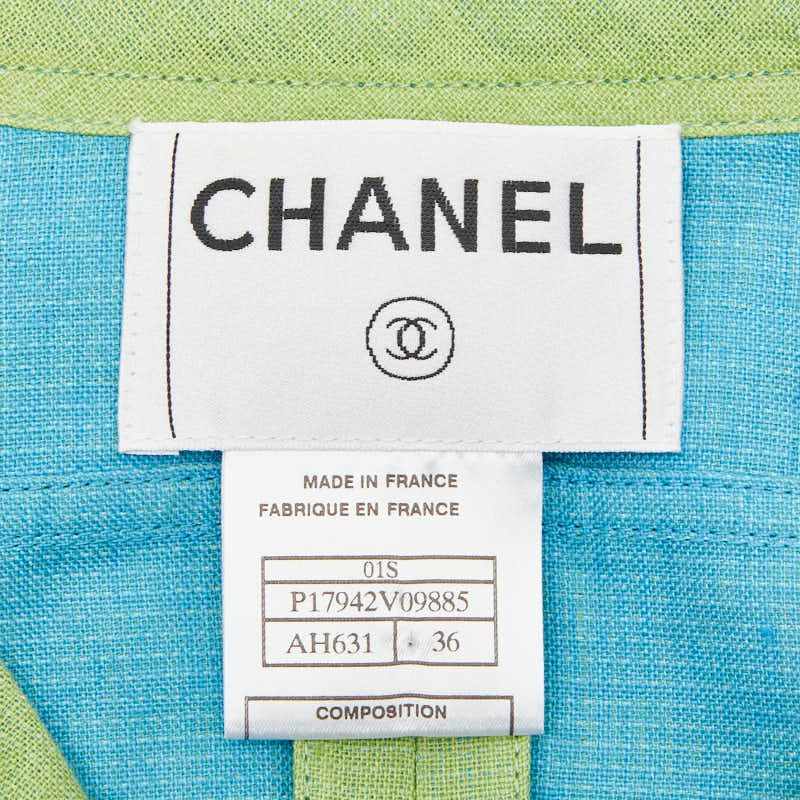Chanel Set Vest Skirt 36 Green Linen Cotton