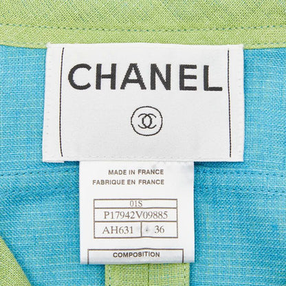 Chanel Set Vest Skirt 36 Green Linen Cotton