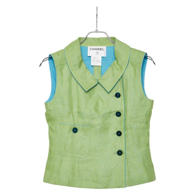 Chanel Set Vest Skirt 36 Green Linen Cotton