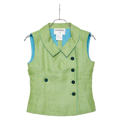 Chanel Set Vest Skirt 36 Green Linen Cotton