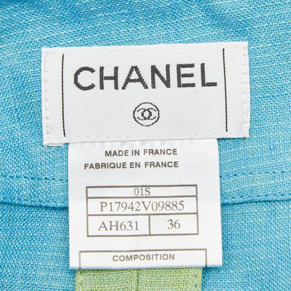 Chanel Set Vest Skirt 36 Green Linen Cotton