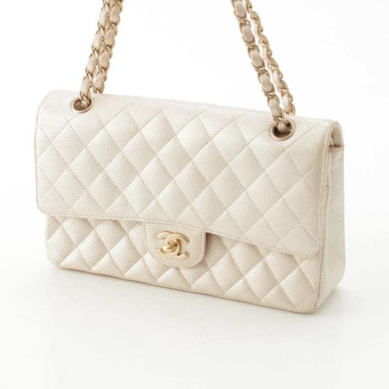 Chanel Quilted Leather Double Flap Shoulder Bag Champagne Gold 25