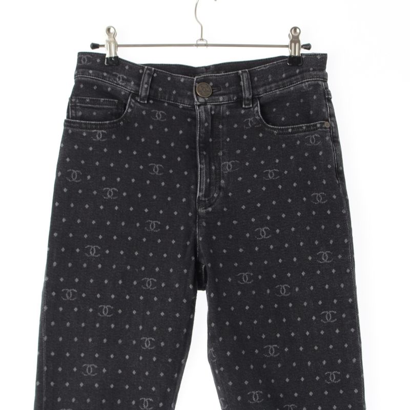 Chanel CC Logo Jacquard Dot Jeans Denim Pants Black 34