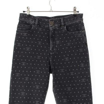 Chanel CC Logo Jacquard Dot Jeans Denim Pants Black 34