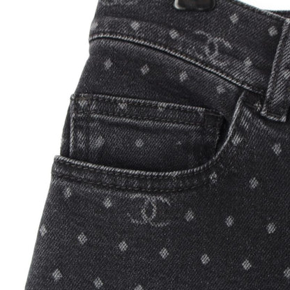 Chanel CC Logo Jacquard Dot Jeans Denim Pants Black 34