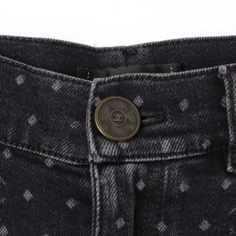 Chanel CC Logo Jacquard Dot Jeans Denim Pants Black 34