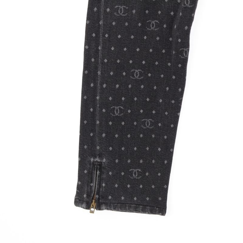 Chanel CC Logo Jacquard Dot Jeans Denim Pants Black 34