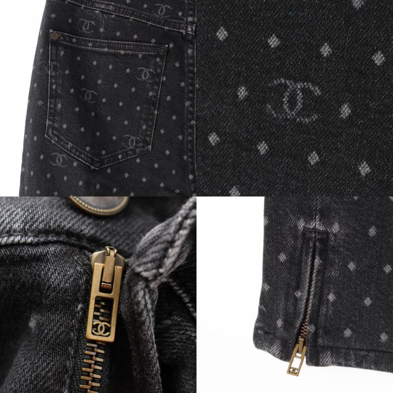 Chanel CC Logo Jacquard Dot Jeans Denim Pants Black 34